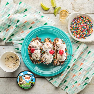 Plate of Pancake Bruch Tacos, sprinkles, and pin of ice cream