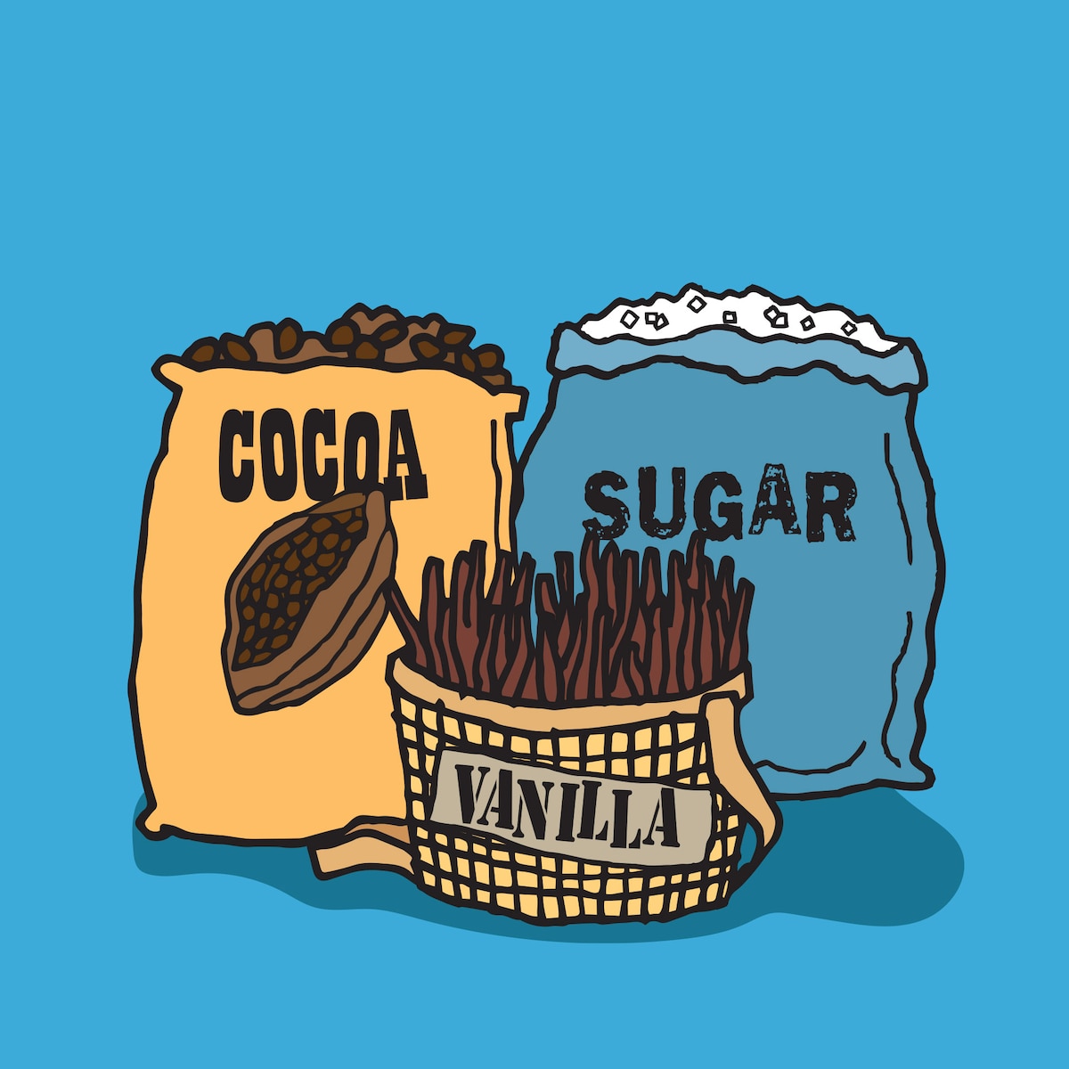 bags of cocoa, sugar and vanilla